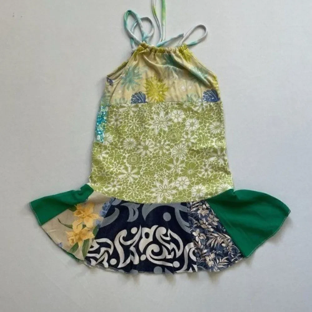 CourtneyCourtney Girls Green Dress 7/8 Sleeveless Halter Twirly Blue Handmade